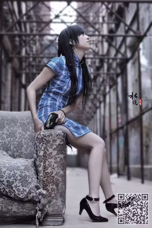蓝格子、美女、旗袍摄影